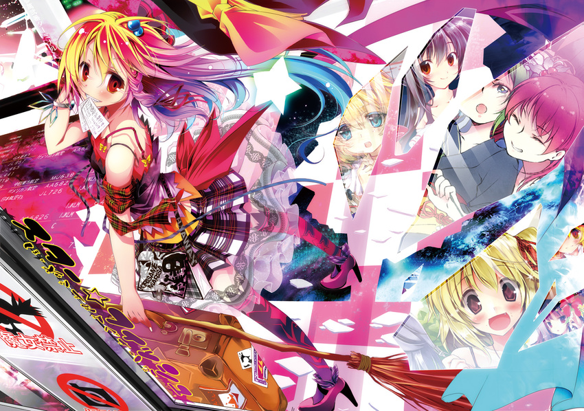 alternate_costume blue_eyes blush briefcase broom gradient_hair grin hair_ornament hair_ribbon hakurei_reimu high_heels kamiya_yuu kirisame_marisa mouth_hold multicolored_hair multiple_girls onozuka_komachi patchouli_knowledge red_eyes reflection ribbon rumia shiki_eiki shoes sign skirt smile star thighhighs touhou