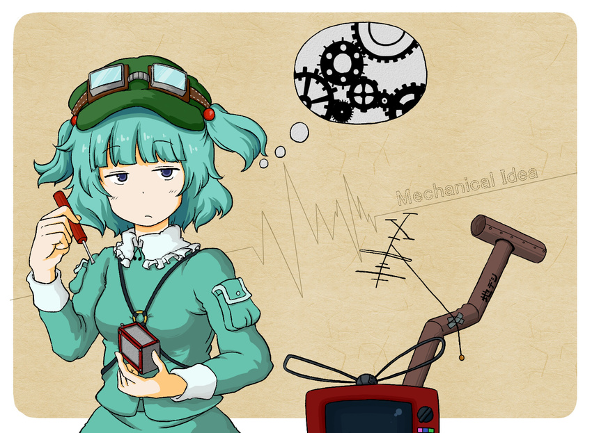 blue_eyes blue_hair english face fujinoki_(horonabe-ken) gears goggles hair_bobbles hair_ornament hat imagining jitome kawashiro_nitori screwdriver skirt solo television thought_bubble touhou two_side_up upper_body