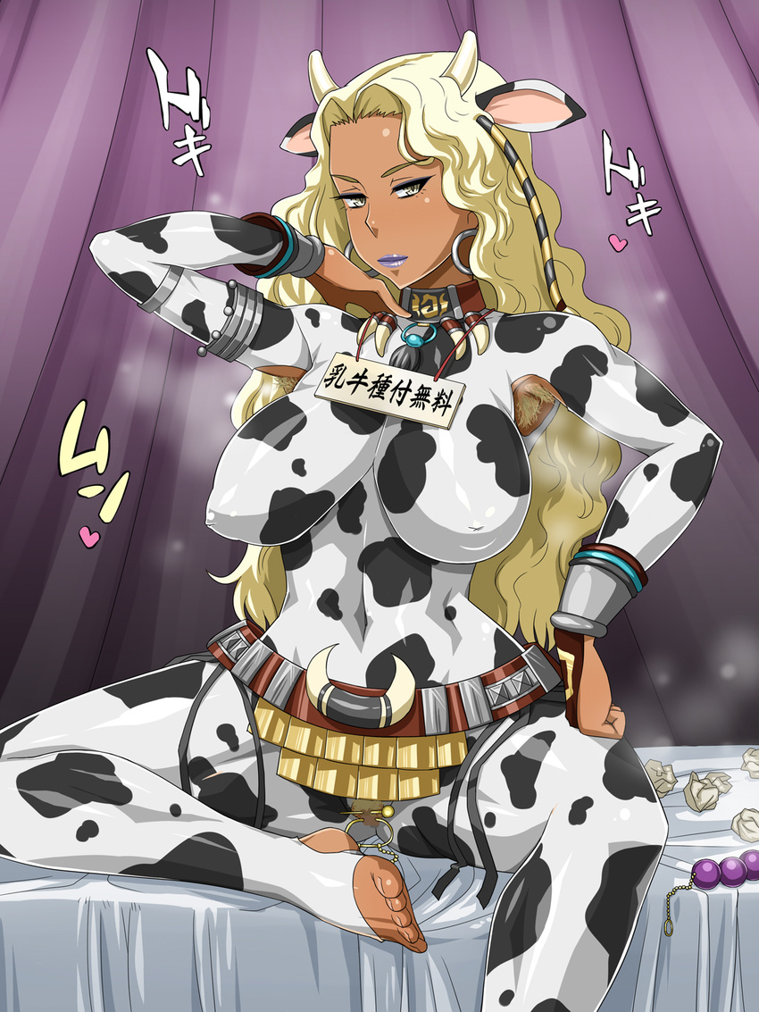 1girl adjusting_hair animal_ears armpit_hair armpits artist_request beads bed_sheet belt blonde_hair bodysuit breasts censored clit_piercing clitoris_piercing cow_ears cow_girl cow_print dark_skin dynasty_warriors enoshima_iki feet highres horns impossible_clothes impossible_clothing impossible_shirt large_breasts lipstick long_hair looking_at_viewer makeup navel nipples odor piercing pussy sheets shin_sangoku_musou shirt sitting skin_tight skintight smell solo steam tissue tissues toeless_socks toes toy toys translated zhu_rong