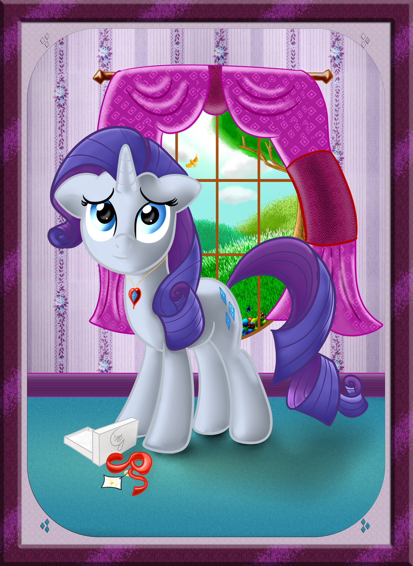 avian bird blue_eyes chaosdrop cool_colors curtains cutie_mark equine female feral friendship_is_magic fur gift hair hasbro horn horse inside long_hair mammal my_little_pony pony purple_hair rarity_(mlp) short_hair smile solo thank_you tree unicorn white_body white_fur window wood