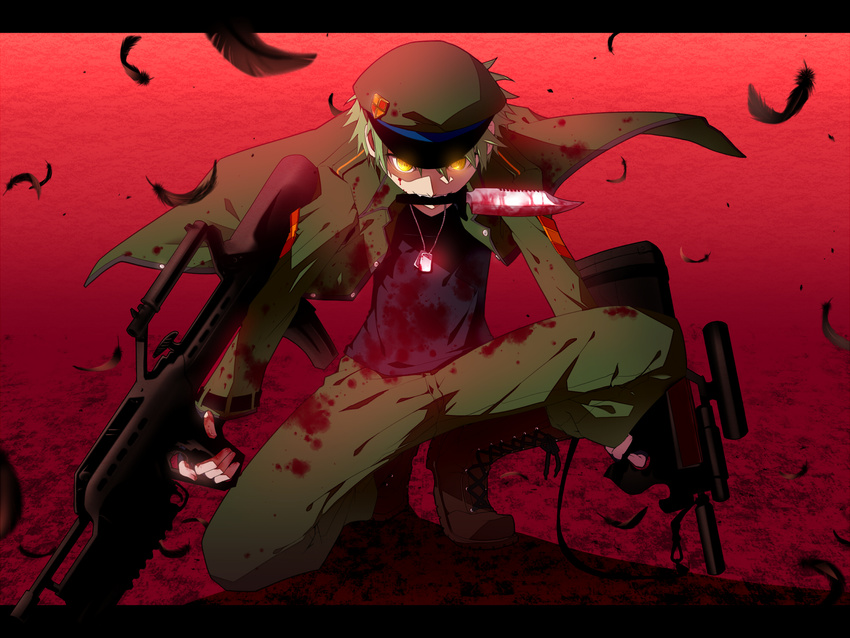 blood boots dog_tags eyes feathers flippy glowing gun happy_tree_friends highres weapon weapons