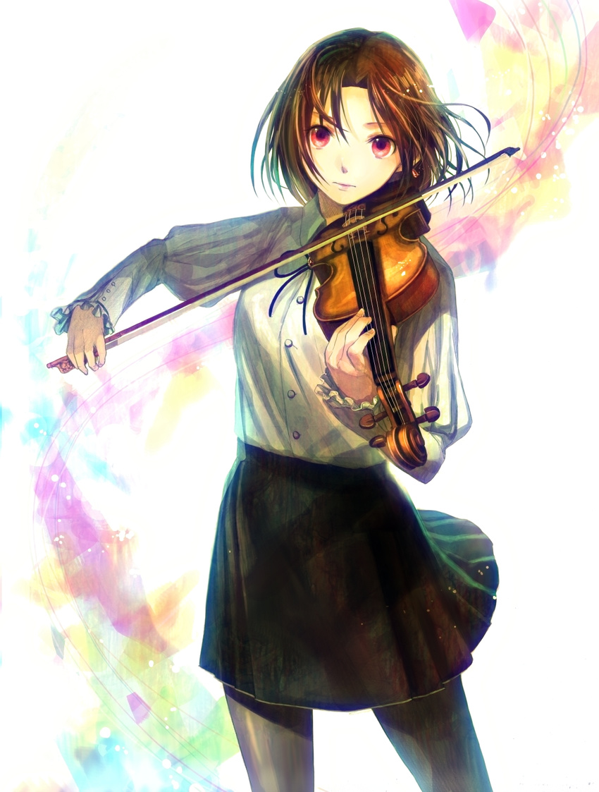 black_legwear bow_(instrument) brown_hair frilled_sleeves frills fuji_choko highres instrument original pantyhose red_eyes short_hair solo standing violin