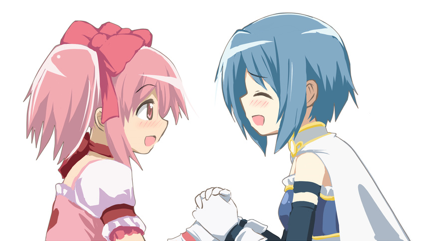 bare_shoulders blue_hair blush bow cape closed_eyes face-to-face gloves hair_bow hair_ornament hairclip hands_together hangaku holding_hands kaname_madoka mahou_shoujo_madoka_magica miki_sayaka multiple_girls own_hands_together pink_hair profile short_hair transparent_background twintails