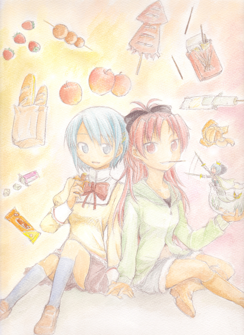 apple baguette bird blue_eyes blue_hair blush boots bread candy crow dango denim denim_shorts ds_(ndsl) fishbowl food fruit grin hands_together highres ikayaki long_hair mahou_shoujo_madoka_magica miki_sayaka mouth_hold multiple_girls open_mouth orange pocky ponytail red_eyes red_hair sakura_kyouko school_uniform short_hair shorts sitting skirt smile squid strawberry sword takoyaki wagashi weapon