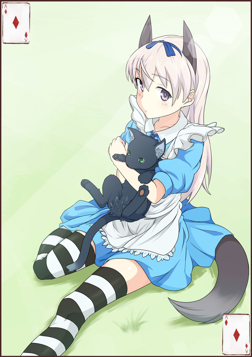 alice_in_wonderland animal_ears apron ashuku blonde_hair blue_eyes blush bow card cat dress eila_ilmatar_juutilainen fox_ears fox_tail green_eyes hair_bow highres long_hair solo strike_witches striped striped_legwear tail thighhighs world_witches_series