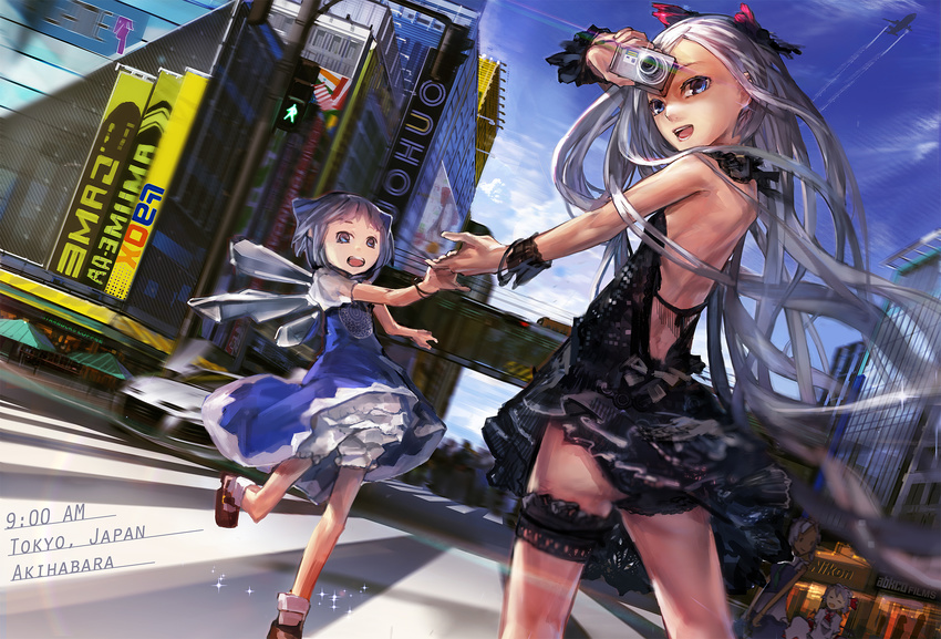 aircraft airplane akihabara_(tokyo) audi audi_r8 backless_dress backless_outfit bare_back bare_shoulders black_panties blue_hair camera cirno condensation_trail contemporary day dress dutch_angle el-zheng garter_belt happy highres holding_hands ice ice_wings izayoi_sakuya long_hair looking_back motion_blur multiple_girls open_mouth panties pantyshot product_placement remilia_scarlet road short_hair silver_hair skirt smile sparkle street tokyo_(city) touhou underwear vanishing_point wings