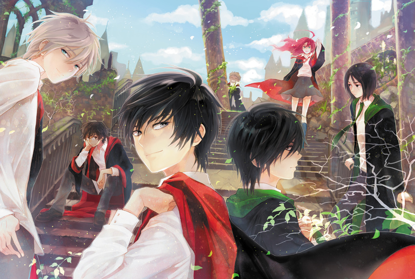 6+boys :d ahoge arch arm_support arms_at_sides back-to-back bad_id bad_pixiv_id bangs black_eyes black_footwear black_hair blue_eyes bob_cut brothers brown_hair carrying_over_shoulder cloud coat coat_removed collared_shirt day ebyo floating_hair flower glasses green_eyes green_neckwear grey_pants grey_skirt hair_between_eyes hand_on_own_cheek hand_up happy harry_potter head_rest jacket_over_shoulder james_potter kneehighs lily_evans long_hair long_sleeves looking_at_viewer looking_back multiple_boys necktie open_clothes open_coat open_mouth pants petals peter_pettigrew pillar pink_hair plant profile railing red_hair red_neckwear regulus_arcturus_black remus_john_lupin round_eyewear school_uniform severus_snape shirt shoes siblings sideways_glance silver_hair sirius_black sitting skirt sky smile stairs standing thumb_in_pocket towel untucked_shirt vines white_flower white_shirt wide_sleeves wind