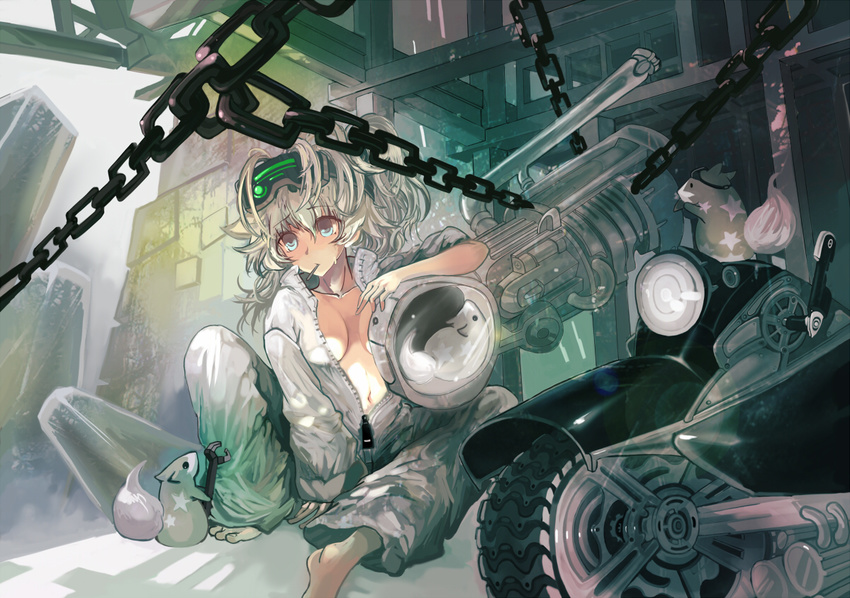 barefoot blue_eyes breasts chain cleavage collarbone grey_hair ground_vehicle hamster hamster_wheel head_mounted_display long_hair medium_breasts motor_vehicle motorcycle mouth_hold navel original sasurai_susuki sitting sleeves_rolled_up solo unzipped