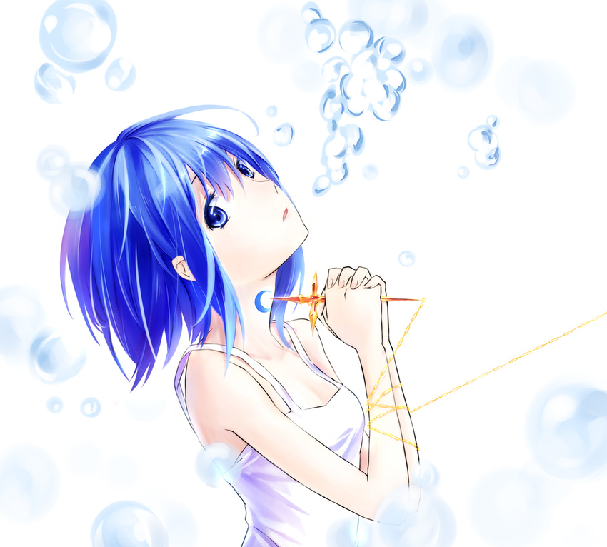 alternate_costume azmodan blue_eyes blue_hair bound bubble camisole casual chain cross jewelry mahou_shoujo_madoka_magica miki_sayaka pendant short_hair solo soul_gem tied_up