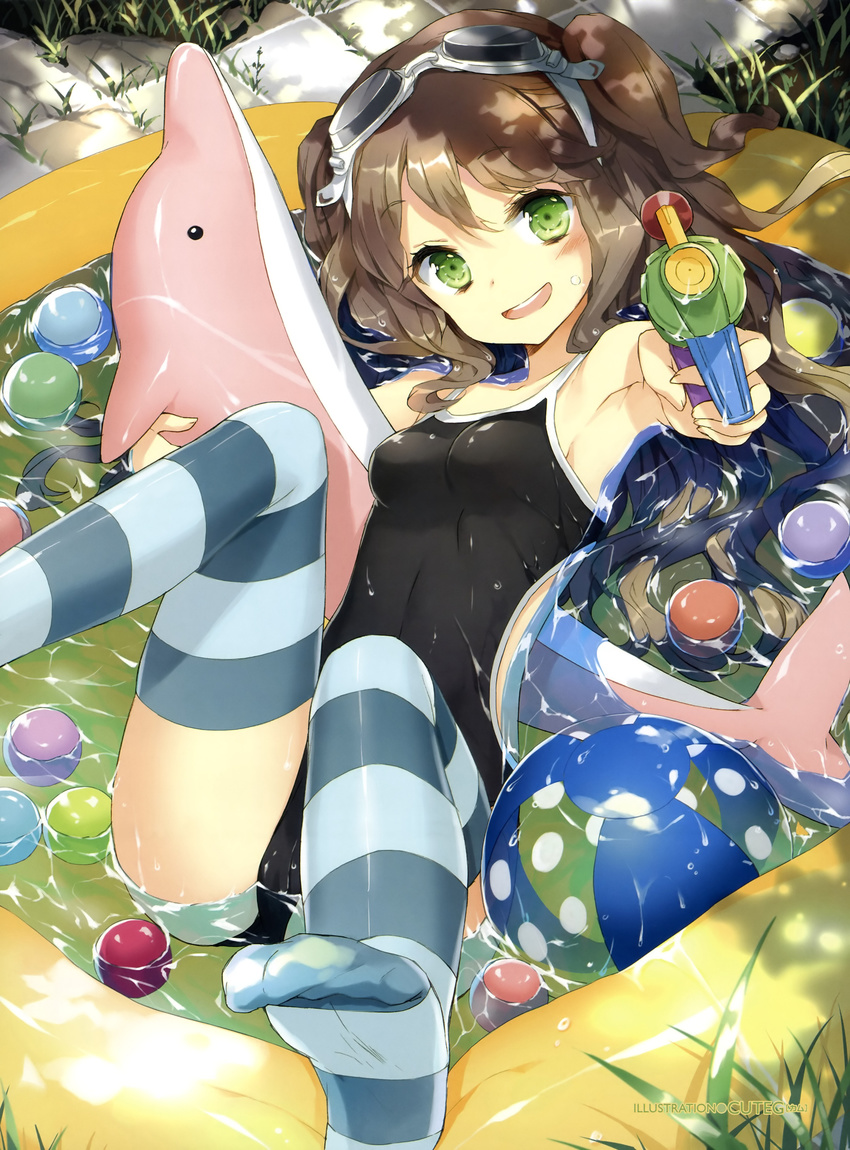 absurdres armpits ball beachball brown_hair cuteg green_eyes highres inflatable_toy one-piece_swimsuit original solo striped striped_legwear swimsuit teeth thighhighs twintails wading_pool water water_gun wet