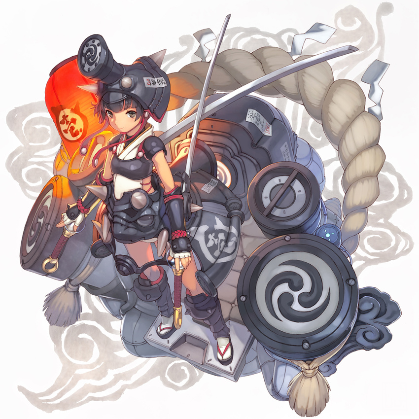 armor dual_wielding helmet highres holding lantern mitsudomoe_(shape) original shizuma_yoshinori solo standing sword tomoe_(symbol) weapon