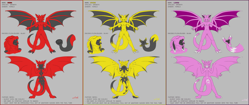 charsheet dragon drena drenath english_text ephine eyes_closed female forceswerwolf hi_res liever model_sheet open_mouth tail_maw tail_vore tailmaw tailvore text vore warm_colors wings
