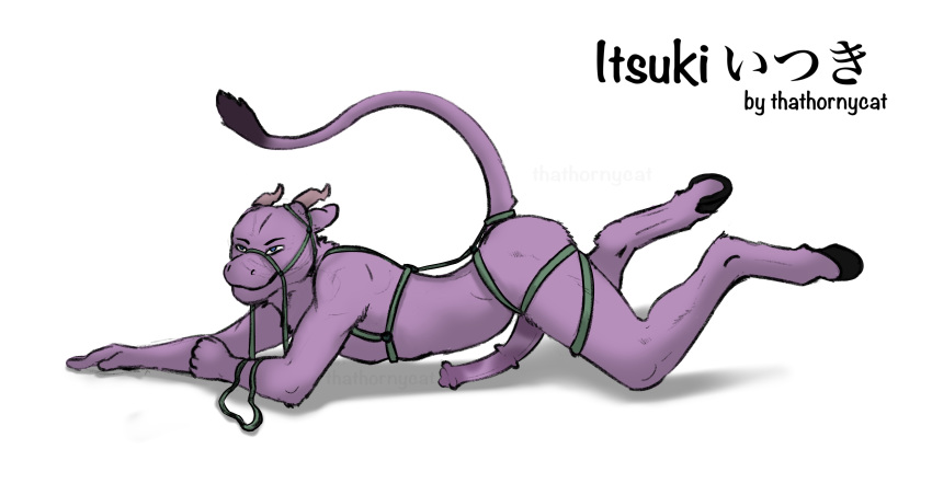 animal_genitalia animal_penis anthro butt colored dick_out harness horn itsuki_(いつき) lying male penis raised_tail shaded simple_background solo submissive thathornycat