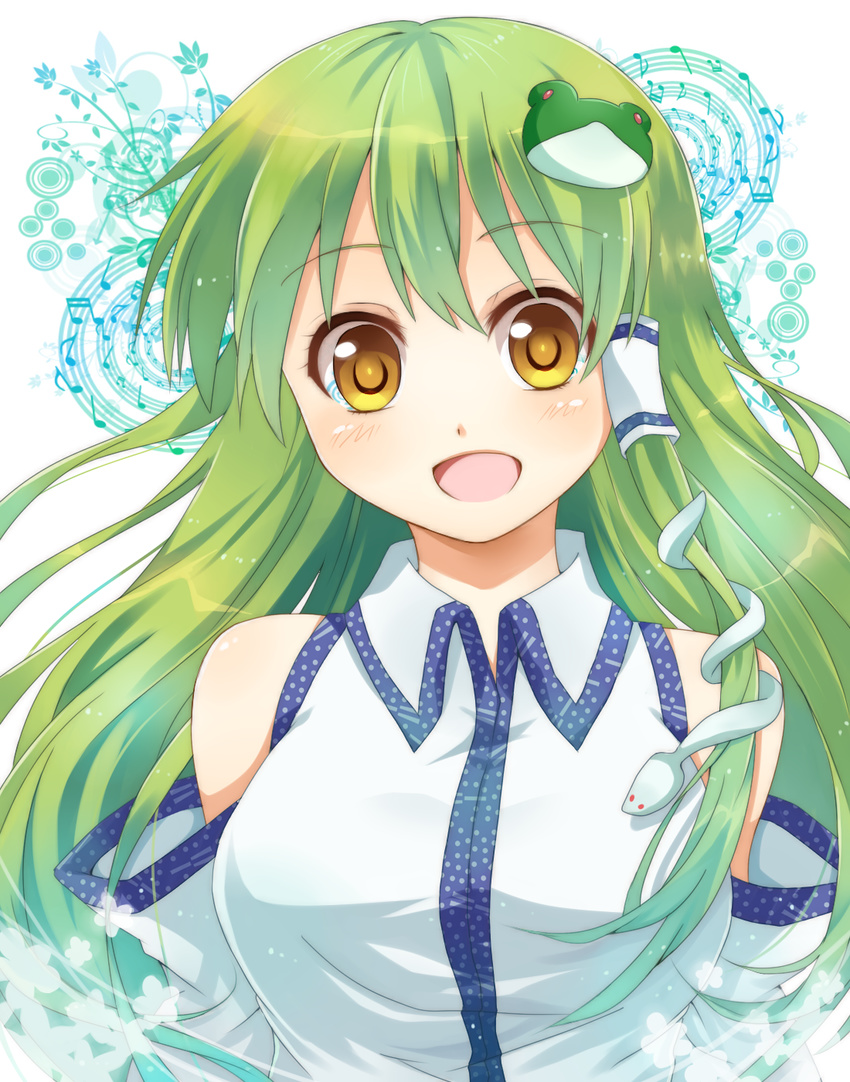 bare_shoulders breasts brown_eyes close-up detached_sleeves face frog green_hair hair_ornament hair_tubes highres kochiya_sanae large_breasts long_hair musical_note open_mouth sakuraba_hinano simple_background snake solo touhou upper_body very_long_hair yellow_eyes