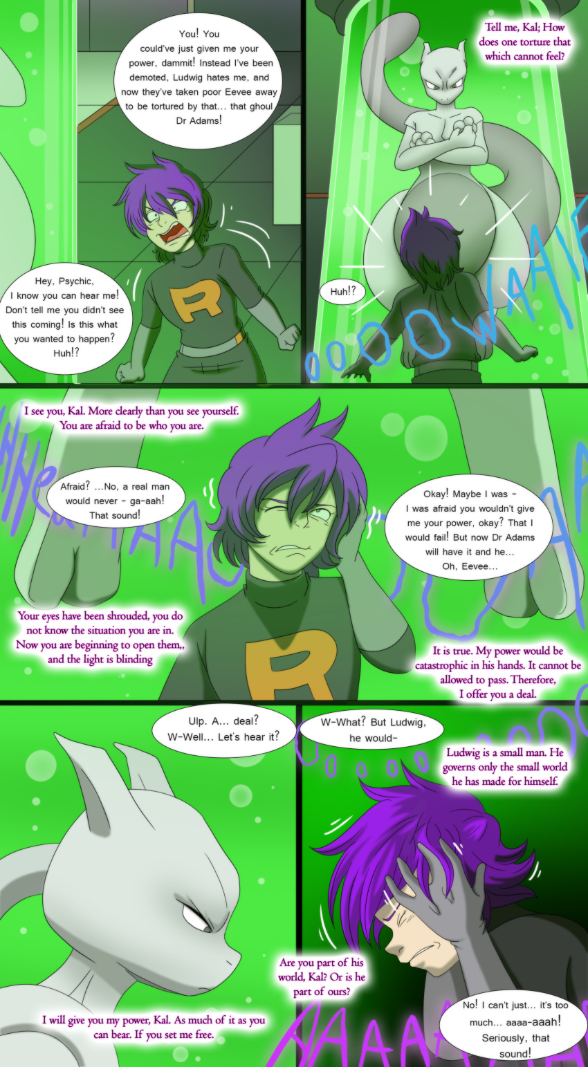 absurd_res angry anthro colored comic deal dialogue duo english_text generation_1_pokemon green_liquid hair hand_on_head hi_res human laboratory legendary_pokemon male mammal manipulation mewtwo nintendo pokemon pokemon_(species) psychic_powers purple_hair scared speech_bubble team_rocket text tfsubmissions tube white_body yelling