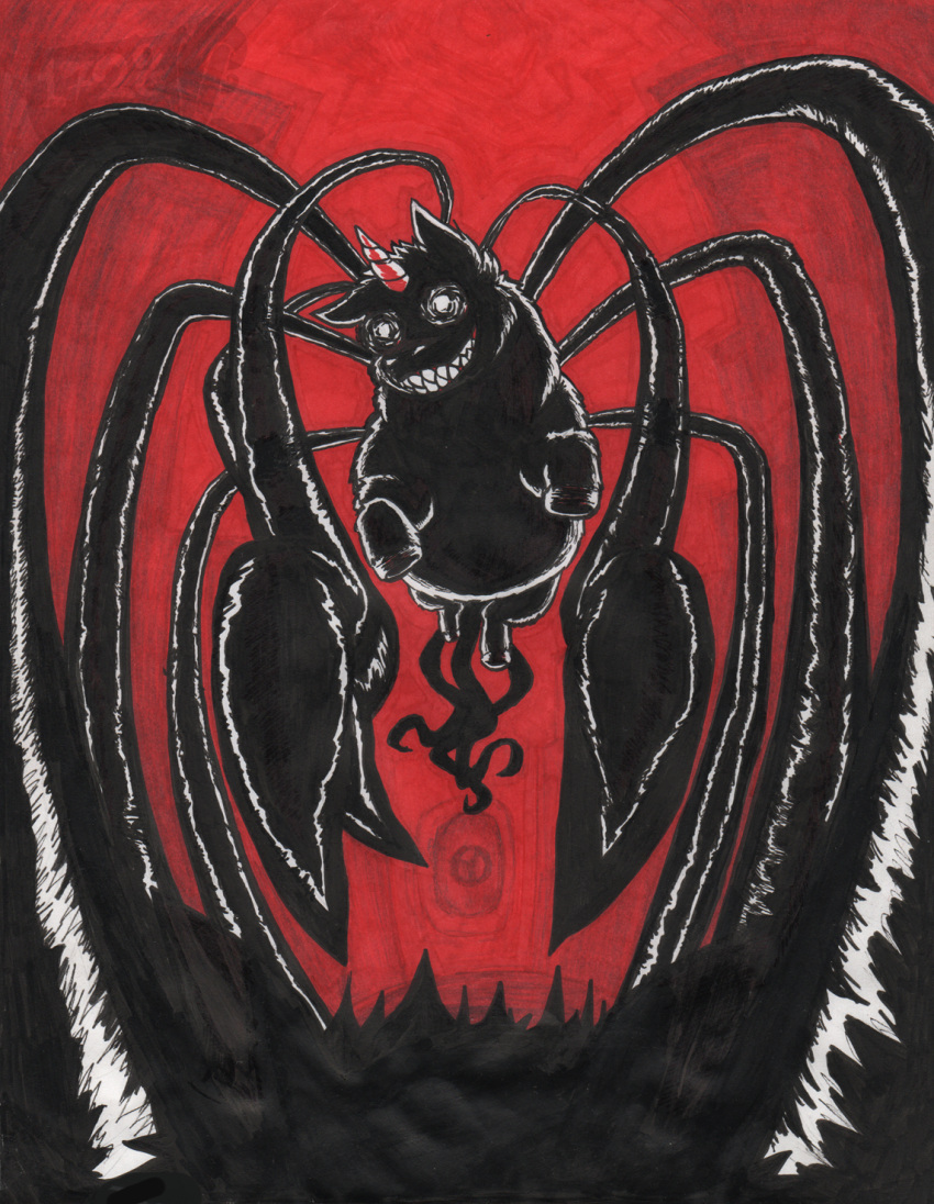 2023 eldritch_abomination empty_eyes equid equine federalchemical1728 feral fluffy_pony fluffy_pony_(species) full-length_portrait fur glowing glowing_eyes hi_res hooves horn horror_(theme) mammal marker_(artwork) monster nightmare_fuel portrait red_background restricted_palette sharp_teeth simple_background teeth tentacle_creature tentacles toothy_grin traditional_media_(artwork) unguligrade unicorn watermark