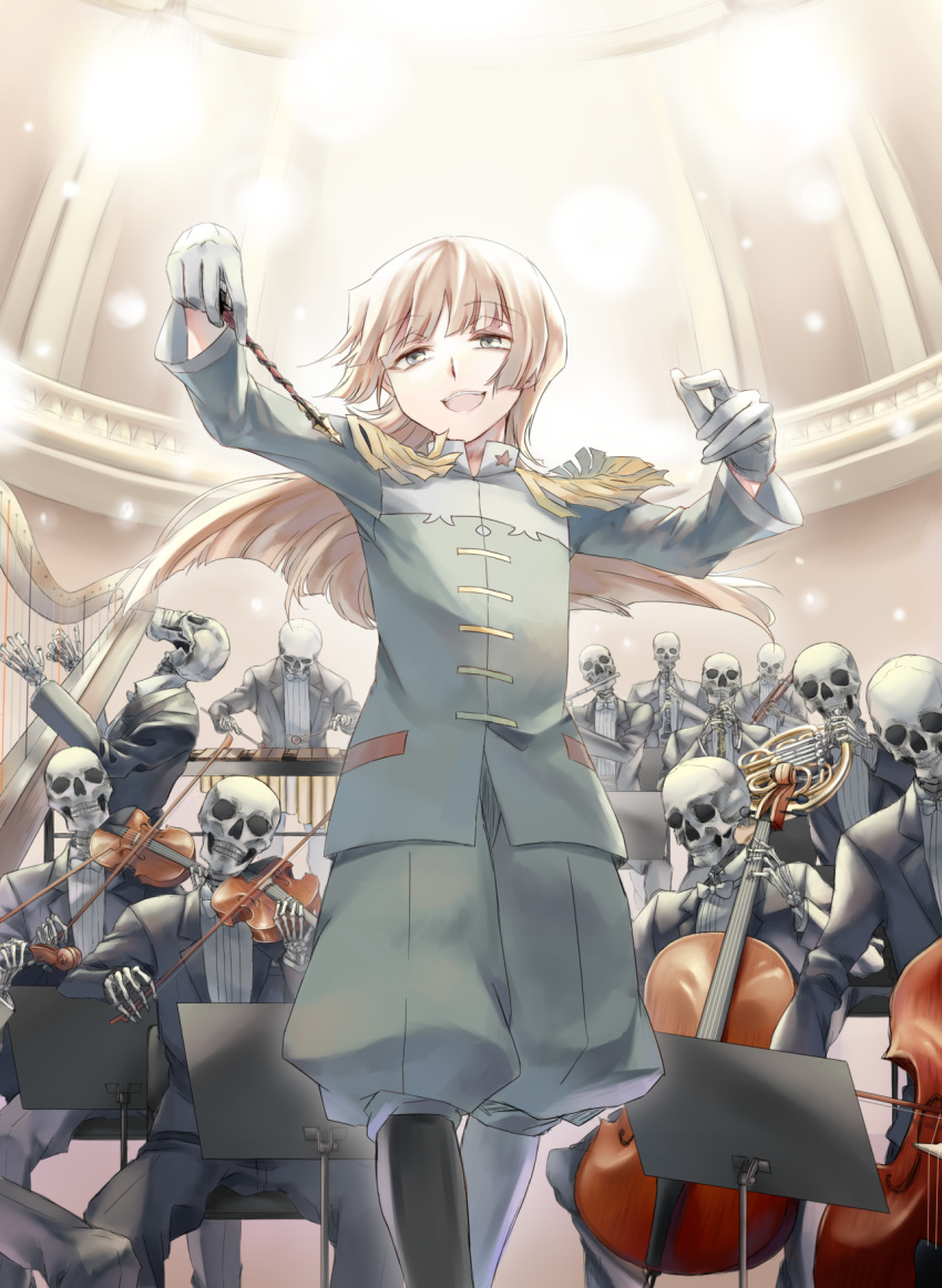 6+boys bassoon baton_(conducting) black_jacket bow bowtie cello chair clarinet conductor feet_out_of_frame french_horn future_card_buddyfight gloves grey_eyes harp highres holding holding_baton holding_instrument indoors instrument jacket long_hair long_sleeves male_focus marimba multiple_boys music music_stand norinorinorimakimaki open_mouth orchestra playing_instrument puffy_pants shidou_magoroku shirt sitting skeleton standing teeth upper_teeth_only violin white_bow white_bowtie white_gloves white_shirt