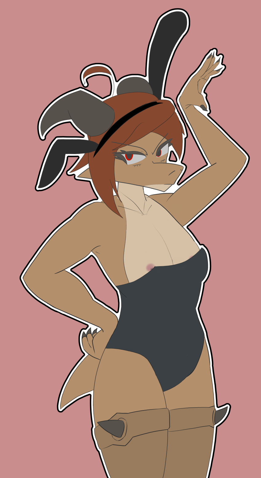 absurd_res annoyed anthro areola areola_slip auburn_hair biped breasts bunny_costume clothing costume e10109 eyebrows eyelashes fake_ears fake_rabbit_ears female flat_colors hair hand_above_head hand_on_hip head_tuft hi_res horn ko_(e10109) kobold nipples outline pinup pose red_eyes scales scalie simple_background small_breasts solo spikes spikes_(anatomy) tail tuft