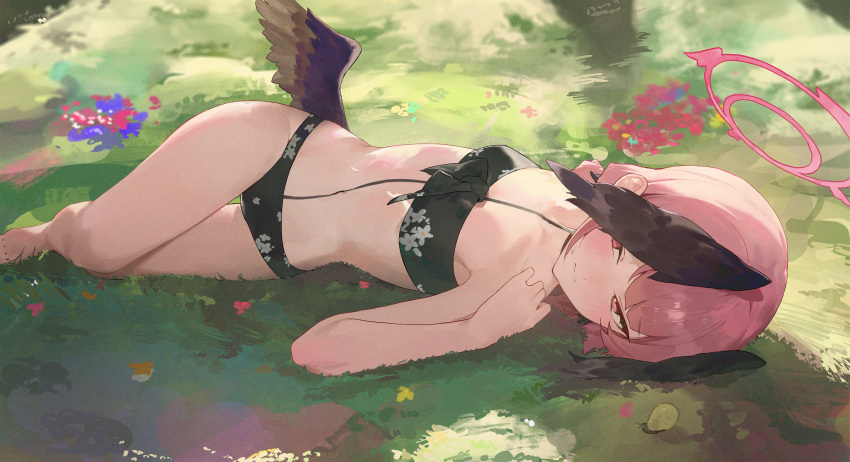 1girl absurdres bikini black_bikini black_wings blue_archive blush feathered_wings flat_chest grass halo head_wings highres kji_(rozo) koharu_(blue_archive) koharu_(swimsuit)_(blue_archive) lying official_alternate_costume on_back on_ground outdoors petite pink_hair red_halo smile solo stomach strapless strapless_bikini swimsuit twintails wings