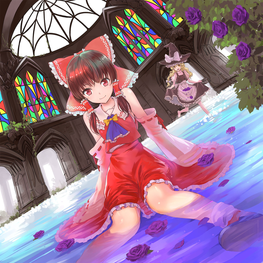 album_cover ascot bare_shoulders barefoot blonde_hair bow brown_hair cover detached_sleeves dutch_angle flower hair_bow hair_ribbon hair_tubes hakurei_reimu hat highres kirisame_marisa long_hair multiple_girls partially_submerged purple_flower purple_rose red_eyes ribbon rose running shiitake_urimo sitting skirt skirt_hold smile stained_glass touhou water wet wet_clothes witch_hat yellow_eyes