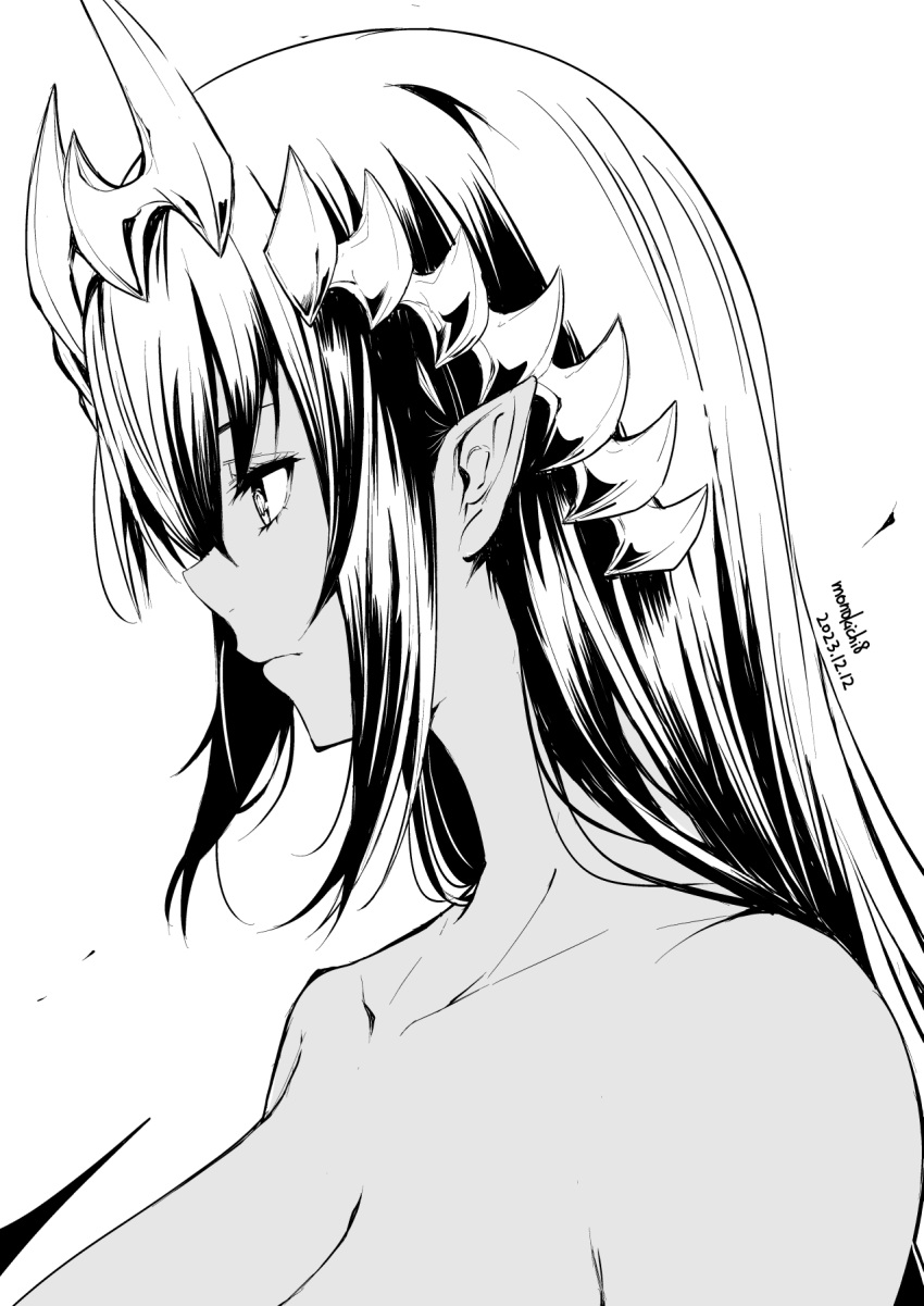 1girl artist_name breasts closed_mouth dark-skinned_female dark_skin dated greyscale headpiece highres kichihachi large_breasts long_hair monochrome nanashi_inc. nude pointy_ears profile shimamura_charlotte simple_background solo upper_body virtual_youtuber white_background