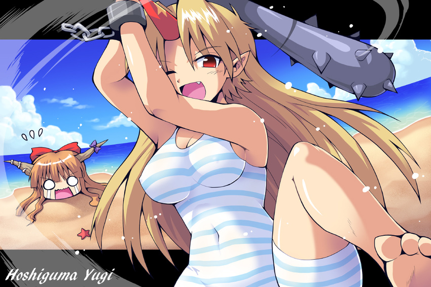 barefoot beach blonde_hair breasts buried chain club covered_nipples cuffs day fang horn horns hoshiguma_yuugi ibuki_suika kurogarasu large_breasts multiple_girls navel o_o ocean one_eye_closed open_mouth orange_hair outdoors pointy_ears red_eyes spiked_club striped striped_swimsuit swimsuit tears touhou water weapon