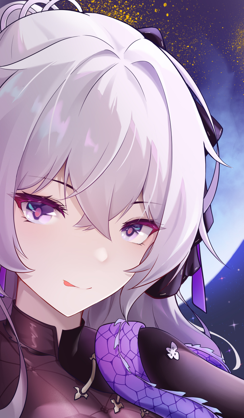 1girl absurdres breasts bronya_zaychik bronya_zaychik_(silverwing:_n-ex) chu_ling cleavage closed_mouth dress glasses grey_eyes grey_hair highres honkai_(series) honkai_impact_3rd large_breasts long_hair looking_at_viewer moon purple_dress smile solo tongue tongue_out upper_body very_long_hair