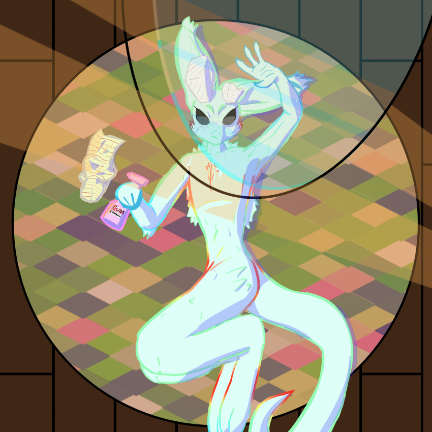 annoyed_expression anthro black_eyes blue_body blue_fur cleaning_tool fur furniture hi_res high-angle_view horn kobold lying male scawyanalomuscatsnek_(artist) shaded simple_shading solo spray_bottle table