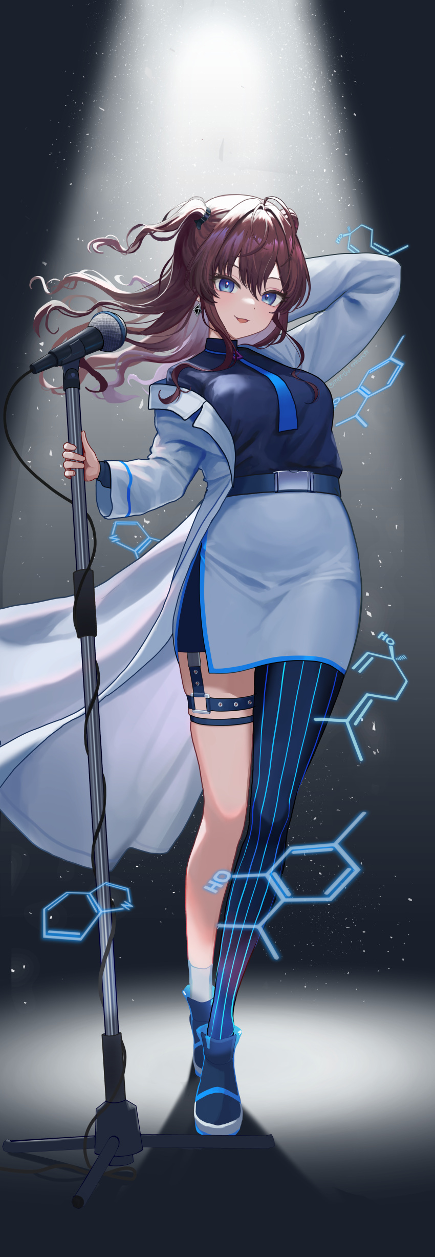 1girl absurdres arm_behind_head asymmetrical_legwear blue_eyes blue_shirt blush breasts brown_hair chemical_structure coat full_body grey_coat grey_skirt highres holding holding_microphone_stand ichinose_shiki idolmaster idolmaster_cinderella_girls incredibly_absurdres looking_at_viewer medium_breasts microphone microphone_stand mismatched_legwear pencil_skirt rbck shirt shirt_tucked_in single_leg_pantyhose skirt smile solo spotlight