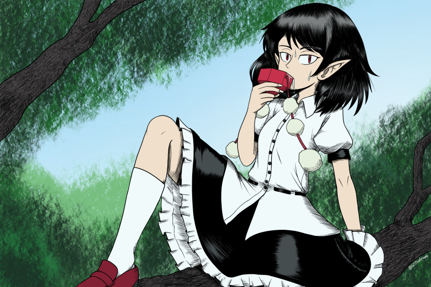 1girl black_hair black_skirt collared_shirt drink drinking frilled_skirt frills geta giantcavemushroom hat highres kneehighs pointy_ears pom_pom_(clothes) red_eyes red_footwear red_headwear shameimaru_aya shirt sitting skirt socks solo tengu-geta tokin_hat touhou white_shirt