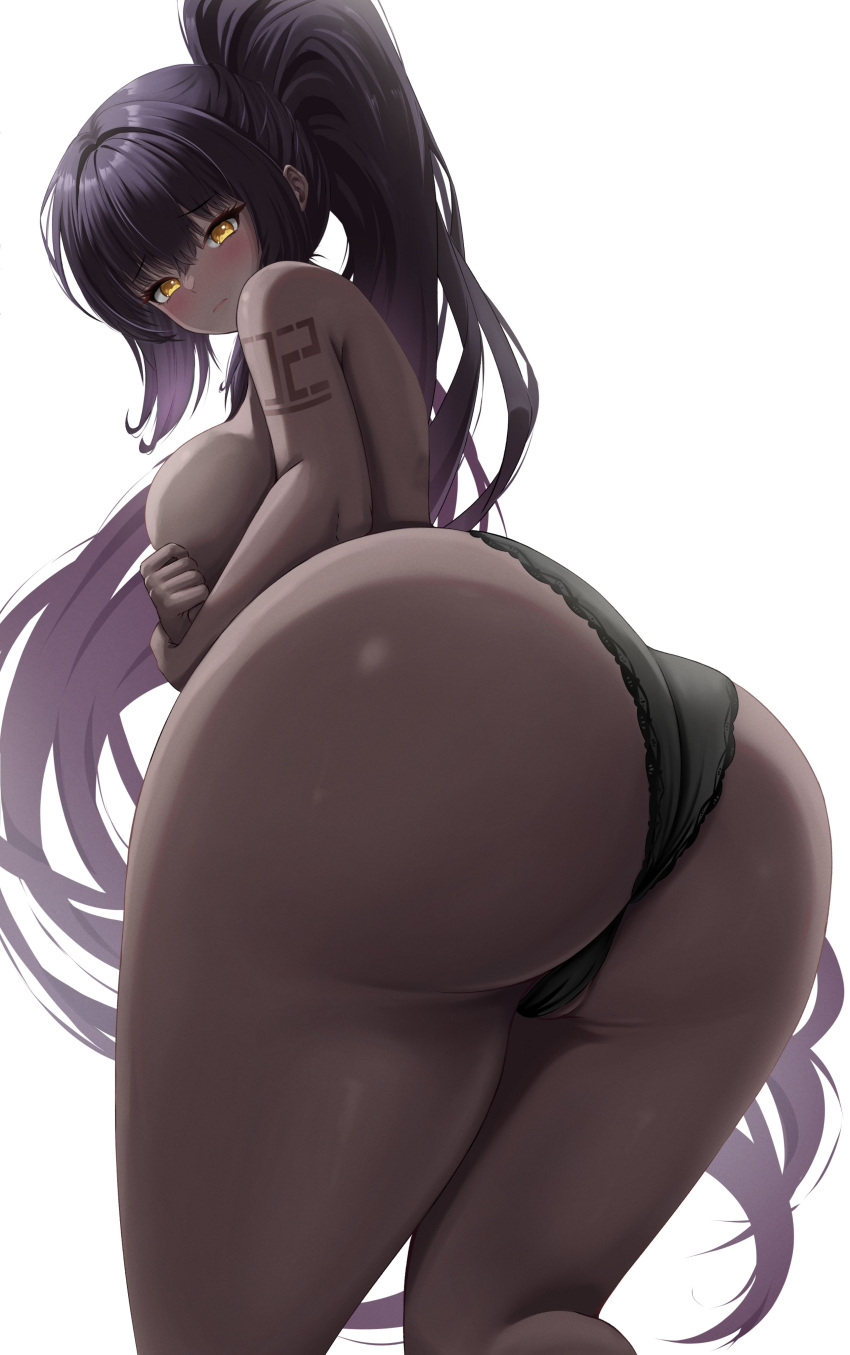 1girl absurdres ass ass_focus black_hair black_panties blue_archive breasts cameltoe covering_breasts covering_privates crossed_arms dark-skinned_female dark_skin embarrassed high_ponytail highres huge_ass karin_(blue_archive) large_breasts lingerie long_hair looking_at_viewer number_tattoo panties solo tattoo tyrzul underwear white_background yellow_eyes