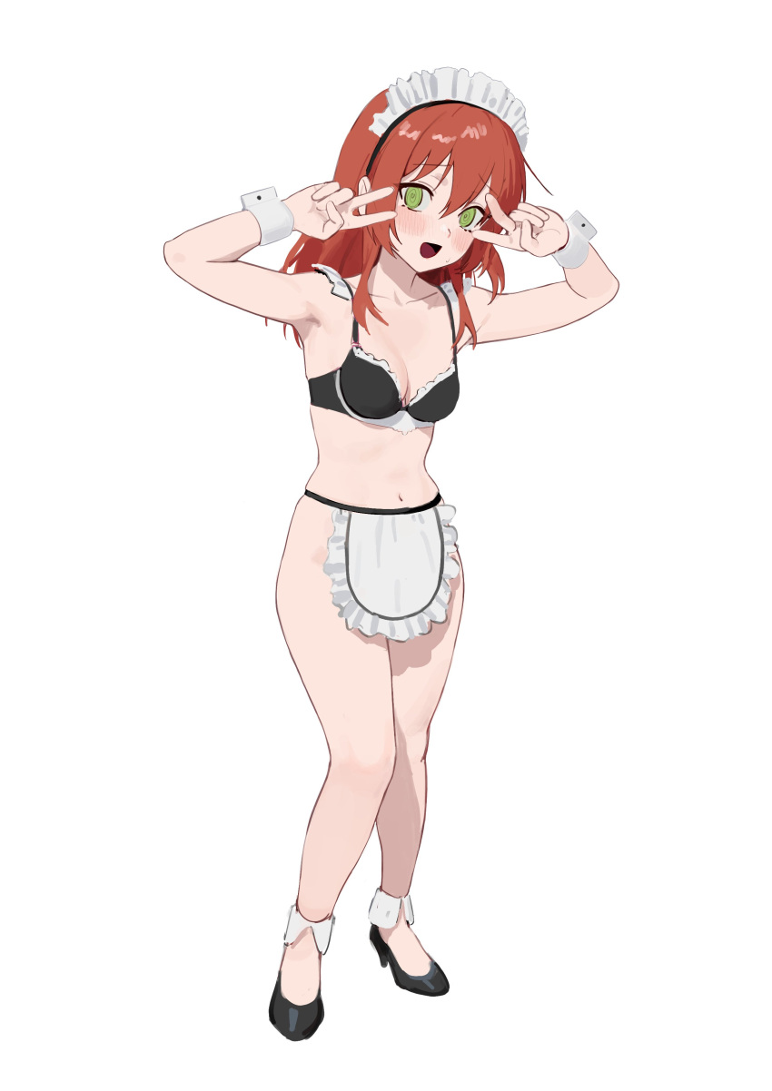 1girl @_@ absurdres ankle_cuffs apron bikini black_bikini black_footwear breasts carlo_montie double_v frilled_apron frills full_body green_eyes hands_up high_heels highres long_hair looking_at_viewer maid maid_bikini maid_headdress navel original red_hair simple_background small_breasts solo standing swimsuit unconventional_maid v waist_apron white_apron white_background wrist_cuffs