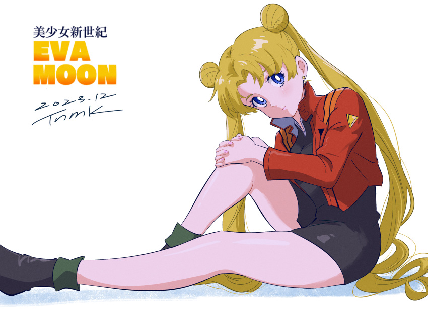 1girl absurdres bishoujo_senshi_sailor_moon black_dress blonde_hair blue_eyes breasts cosplay cropped_jacket double_bun dress hair_bun highres katsuragi_misato katsuragi_misato_(cosplay) long_hair long_sleeves looking_at_viewer medium_breasts mitsuishi_kotono neon_genesis_evangelion short_dress sitting solo tsukino_usagi tsunemoku twintails very_long_hair voice_actor_connection