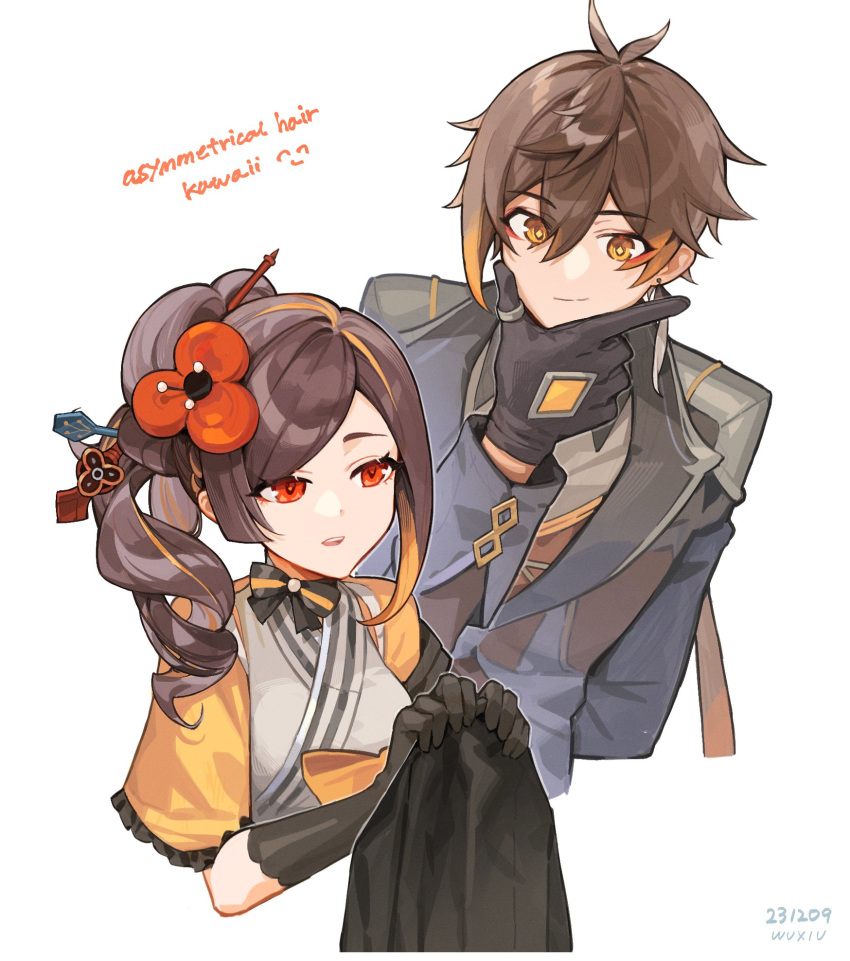 1boy 1girl arm_behind_back black_gloves bow breasts brown_hair chiori_(genshin_impact) earrings english_text eyeliner eyeshadow finger_gun flower formal genshin_impact gloves gradient_hair hair_between_eyes hair_flower hair_ornament hairpin hand_on_own_chin highres japanese_clothes jewelry long_hair long_sleeves makeup medium_breasts multicolored_hair open_mouth ponytail red_eyes red_eyeshadow single_earring smile suit tassel tassel_earrings teeth thumb_ring two-tone_hair upper_teeth_only xiu_xxx_wu yellow_eyes zhongli_(genshin_impact)