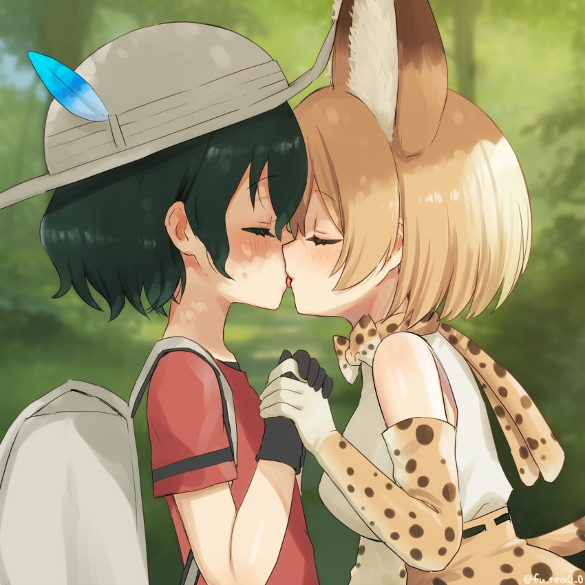 2girls animal_ears backpack bag bare_shoulders black_gloves black_hair blonde_hair blush bow bowtie cat_ears cat_girl cat_tail closed_eyes elbow_gloves extra_ears fuutea0w0 gloves hat_feather helmet high-waist_skirt highres holding_hands kaban_(kemono_friends) kemono_friends kiss multiple_girls pith_helmet print_bow print_bowtie print_gloves print_skirt red_shirt serval_(kemono_friends) serval_print shirt short_hair short_sleeves skirt sleeveless t-shirt tail white_shirt yuri