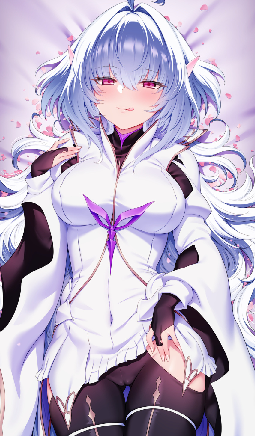 1girl ahoge black_gloves black_pants blush breasts covered_navel dakimakura_(medium) fate/grand_order fate/prototype fate_(series) fingerless_gloves gloves highres hip_vent large_breasts licking_lips long_hair long_sleeves looking_at_viewer m-da_s-tarou merlin_(fate/prototype) pants petals pointy_ears purple_eyes robe smile solo thighs tongue tongue_out very_long_hair white_hair white_robe wide_sleeves