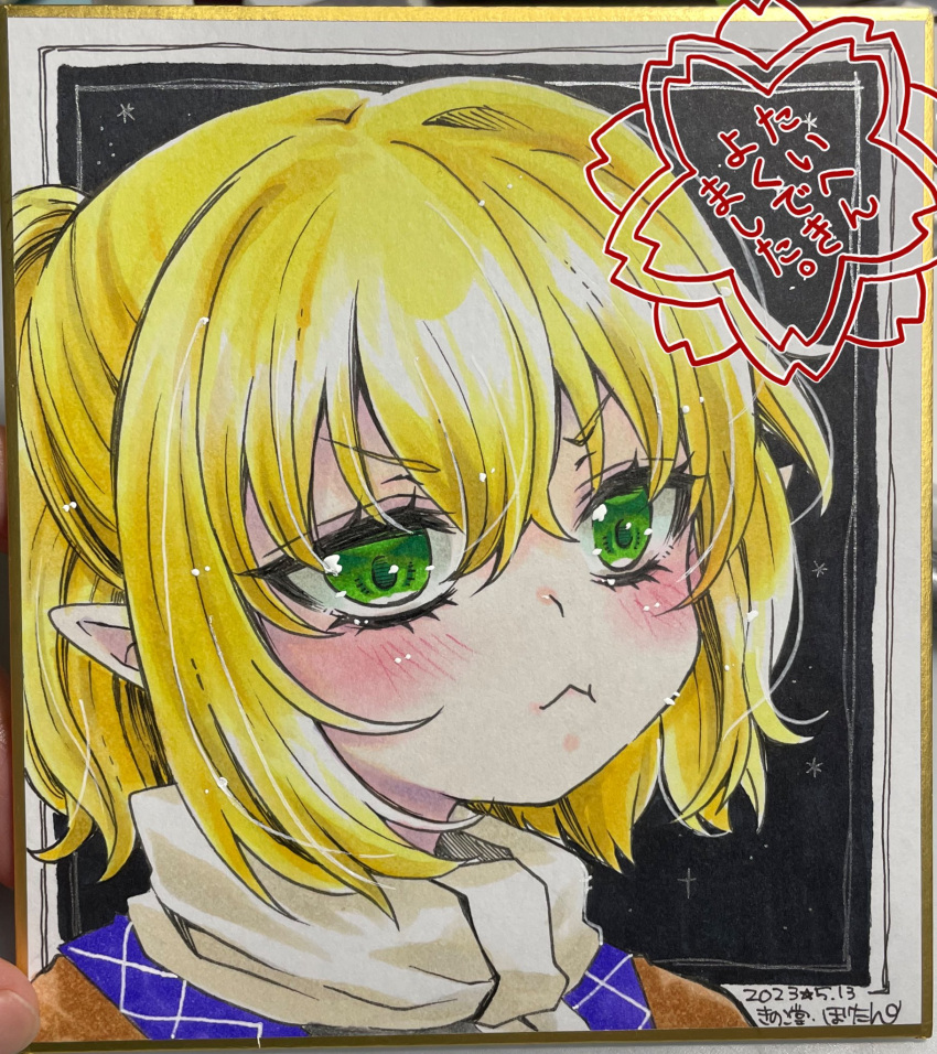 1girl :&lt; :t blonde_hair blush botan_(03110709) brown_shirt closed_mouth commentary_request dated eyelashes green_eyes hair_between_eyes half_updo highres looking_afar medium_bangs mizuhashi_parsee pointy_ears portrait pout scarf shikishi shirt short_hair solo touhou traditional_media translation_request v-shaped_eyebrows white_scarf