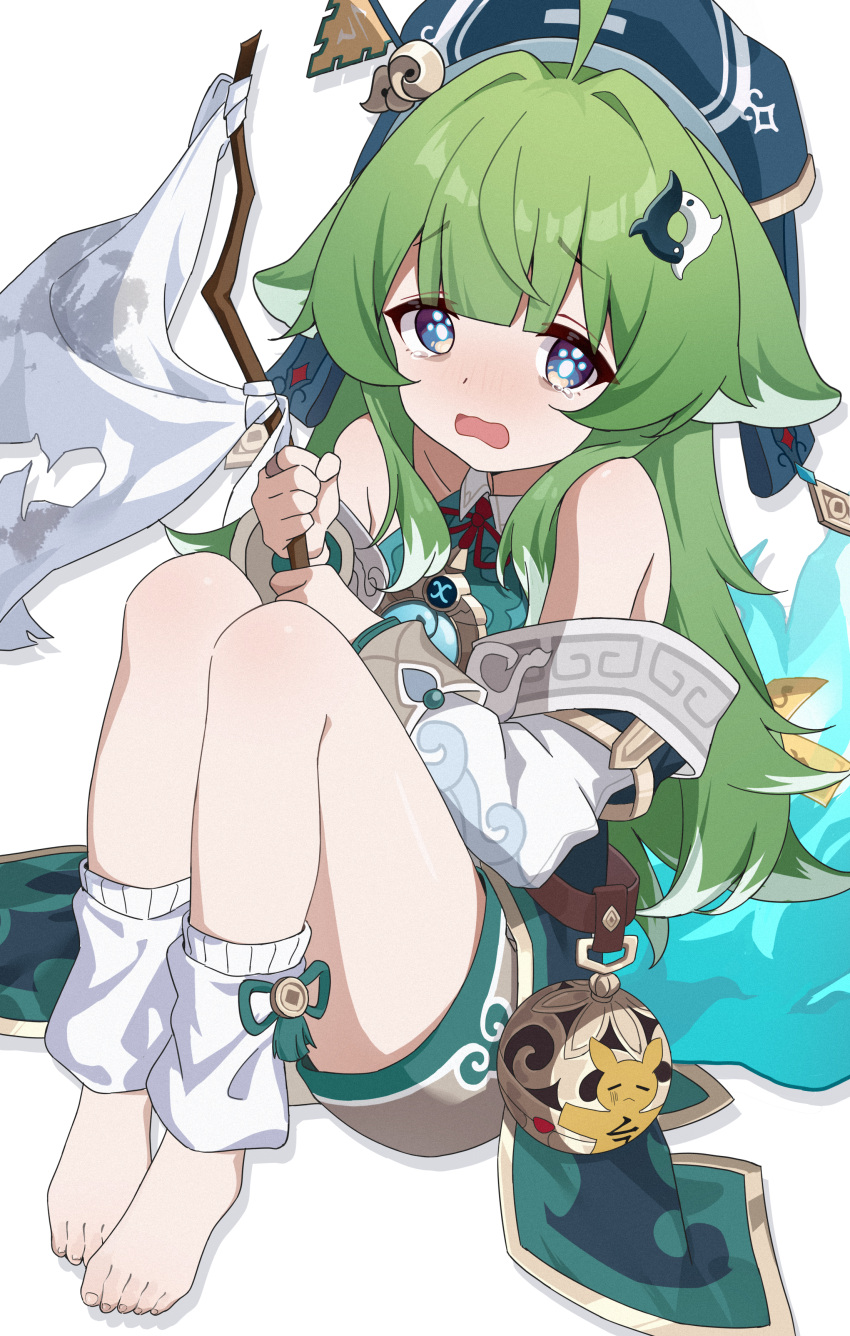 1girl absurdres ahoge animal_ears bare_shoulders barefoot blue_eyes blue_headwear blush chinese_clothes collared_shirt detached_sleeves flag fox_ears fox_girl green_hair hair_ornament hat highres holding honkai:_star_rail honkai_(series) huohuo_(honkai:_star_rail) leg_warmers long_hair looking_at_viewer neck_ribbon ofuda open_mouth paw-shaped_pupils red_ribbon ribbon shirt shorts sidelocks simple_background single_sock sitting socks solo tail_(honkai:_star_rail) tearing_up uefw8437 wavy_hair white_background white_flag white_sleeves yin_yang_hair_ornament