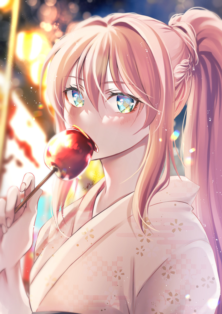 1girl blue_eyes braid candy_apple crown_braid double-parted_bangs eating food hair_between_eyes hanasakuraya highres holding holding_food japanese_clothes kimono looking_at_viewer pink_hair ponytail portrait shionne_(tales) sidelocks signature solo tales_of_(series) tales_of_arise upper_body