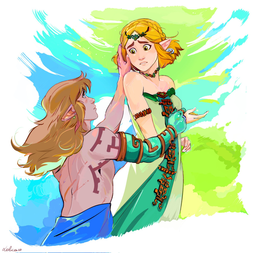 1boy 1girl arm_strap blonde_hair braid breasts choker commentary dress earrings english_commentary green_dress green_eyes highres jewelry link pointy_ears princess_zelda scar scar_on_back shoulder_tattoo signature small_breasts strapless strapless_dress tattoo the_legend_of_zelda the_legend_of_zelda:_tears_of_the_kingdom thereinart