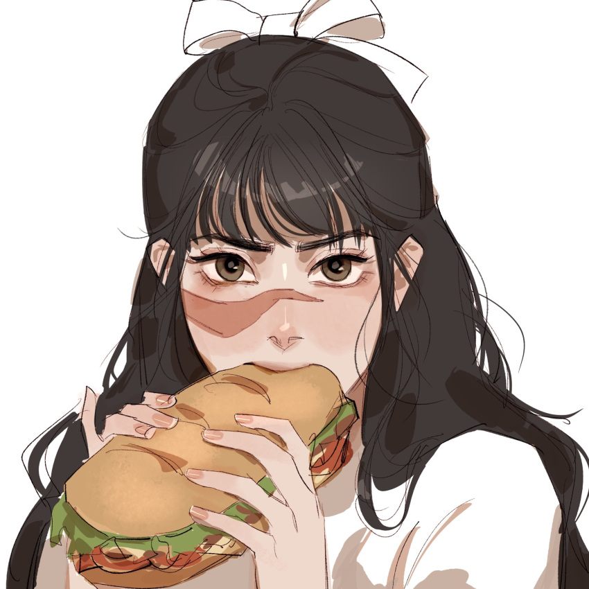 1girl black_hair blush bow bread brown_eyes eating fingernails food hair_behind_ear hair_bow highres holding holding_food holding_sandwich iori_utahime jujutsu_kaisen lettuce long_hair looking_at_viewer moon_(mewnbyul) nail_polish nose_blush pink_nails pinky_out sandwich scar scar_on_face shirt simple_background solo submarine_sandwich swept_bangs tomato upper_body white_background white_bow white_shirt