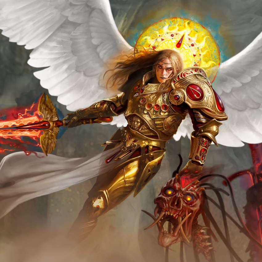 1boy angel angron armor blade_encarmine blonde_hair breastplate circlet david-sondered fangs flaming_sword flaming_weapon gauntlets gem glowing glowing_eyes glowing_sword glowing_weapon gold_armor hair_tubes halo holding holding_weapon long_hair looking_at_viewer ornate ornate_armor ornate_weapon pauldrons power_armor primarch red_gemstone sanguinius shoulder_armor sword tube warhammer_40k weapon wings yellow_eyes