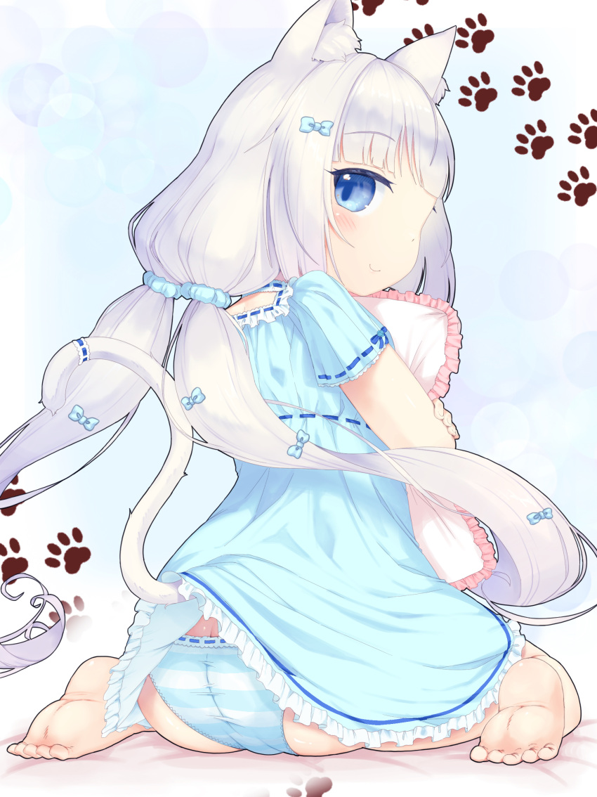 1girl absurdres animal_ear_fluff animal_ears aqua_bow aqua_pajamas aqua_scrunchie ass barefoot bi_neko706 blue_ribbon blunt_bangs blush bow cat_ears cat_girl cat_tail closed_mouth commentary feet frilled_pajamas frilled_pillow frills full_body hair_bow highres hugging_object light_blue_background long_hair looking_at_viewer looking_back low_twintails nekopara pajamas panties paw_print pillow pillow_hug ribbon ribbon-trimmed_sleeves ribbon_trim scrunchie short_sleeves sideways_glance simple_background sitting smile soles solo striped striped_panties tail tail_raised toes twintails underwear vanilla_(nekopara) very_long_hair wariza white_hair