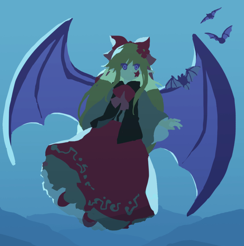 1girl animal bat_(animal) bat_wings black_vest blonde_hair blue_background commentary_request elis_(touhou) facial_mark flat_chest flower full_body grey_shirt hair_flower hair_ornament hair_ribbon highres kaigen_1025 long_hair long_sleeves neck_ribbon no_lineart no_mouth open_clothes open_vest petticoat pointy_ears red_flower red_footwear red_ribbon red_skirt ribbon shirt skirt star_(symbol) star_facial_mark touhou touhou_(pc-98) vest wings