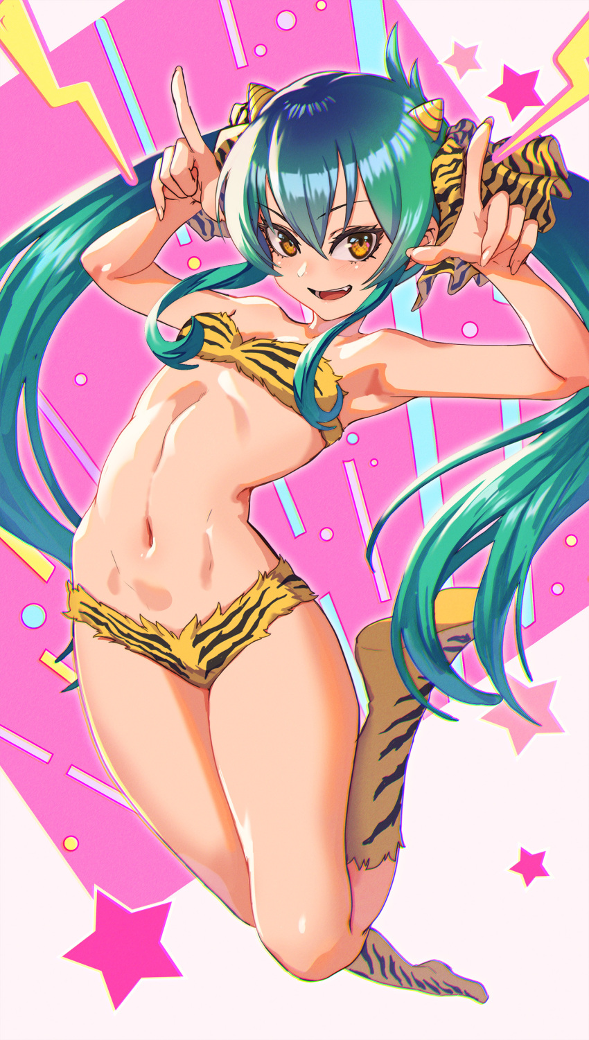 1girl absurdres animal_print batayu bikini blush boots breasts commentary_request cosplay fang full_body fur_bikini gradient_hair green_hair hair_ribbon hands_up highres horns horns_pose idolmaster idolmaster_cinderella_girls long_hair looking_at_viewer lum lum_(cosplay) matoba_risa multicolored_hair navel open_mouth print_bikini print_footwear ribbon small_breasts smile solo strapless strapless_bikini swimsuit teeth tiger_print twintails urusei_yatsura yellow_eyes