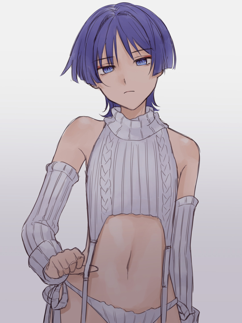 1boy absurdres bishounen closed_mouth detached_sleeves genshin_impact highres looking_at_viewer male_focus navel otoko_no_ko purple_eyes purple_hair scaramouche_(genshin_impact) short_hair simple_background solo upper_body white_background yamabuki_(yamabuki_xxxxx)