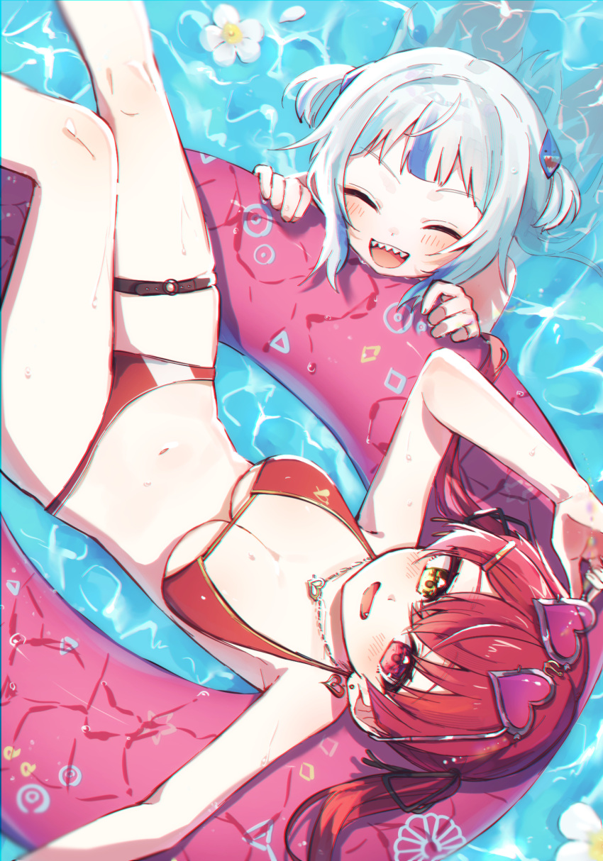 2girls bikini blue_hair blunt_bangs blush breasts cleavage closed_eyes earrings eyewear_on_head gaaa_u gawr_gura gold_earrings gold_necklace grey_hair hair_ornament heart heart-shaped_eyewear heart_earrings heart_necklace heterochromia highres hololive hololive_english houshou_marine houshou_marine_(summer) innertube jewelry large_breasts long_hair looking_at_viewer medium_hair multicolored_hair multiple_girls necklace official_alternate_costume open_mouth red_bikini red_eyes red_hair shark_hair_ornament sharp_teeth sidelocks single_earring smile streaked_hair sunglasses swimsuit teeth thigh_strap twintails two_side_up upper_teeth_only wading water yellow_eyes