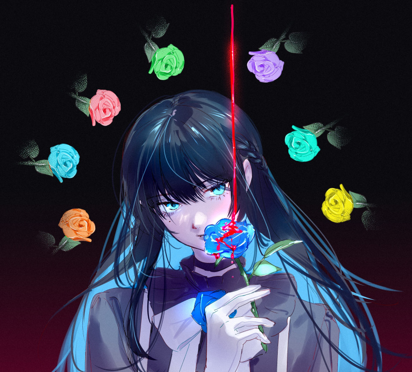 1girl ado_(utaite) adochansukisuki aqua_rose black_choker blue_eyes blue_flower blue_hair blue_rose bow bowtie braid chando_(ado) choker closed_mouth cloud_nine_inc colored_inner_hair commentary dark_blue_hair film_grain flower flower_brooch french_braid gloves green_flower green_rose highres long_hair looking_at_viewer mole mole_under_eye multicolored_hair orange_flower orange_rose pink_flower pink_rose purple_flower purple_rose rose solo two-tone_hair upper_body utaite white_bow white_bowtie white_gloves yellow_flower yellow_rose