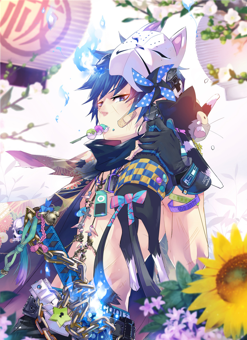 ao_no_exorcist blue_eyes blue_hair cat eating flower gloves headphones highres jewelry kuro_(ao_no_exorcist) lock male_focus monq necklace okumura_rin ribbon scarf solo star tail tears