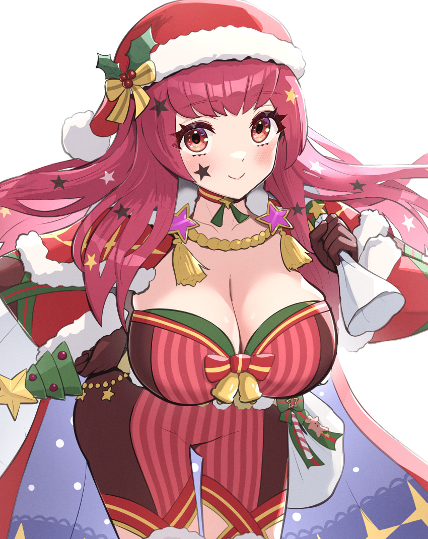 1girl absurdres breasts cleavage commentary cowboy_shot facial_mark fire_emblem fire_emblem_engage fire_emblem_heroes gonzarez hat highres large_breasts long_hair looking_at_viewer official_alternate_costume red_eyes red_hair red_headwear santa_hat smile solo standing star_(symbol) thighs yunaka_(fire_emblem)